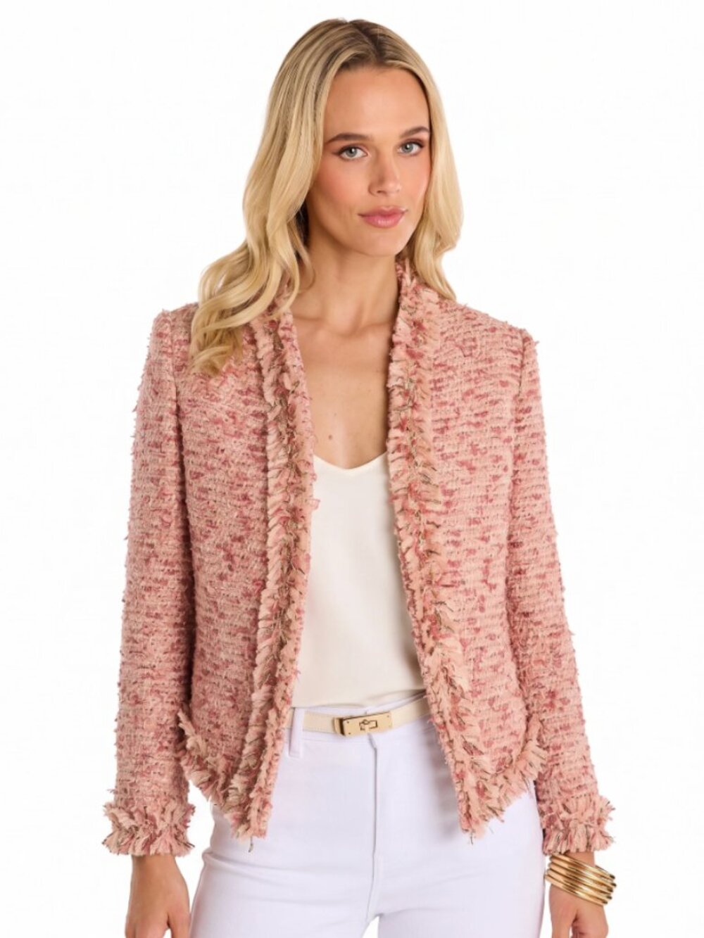 Cache. Lg. Pink Fringe Open-Front Mixed Knit Cardigan Sweater Blazer